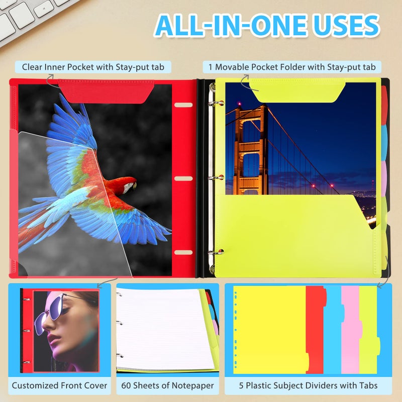 WOT I 2-Pack Telescoping 3 Ring Binder Notebooks - Customizable Cover, 5 Dividers & Pocket Folder in One Slim Organizer (60 Sheets Included), Red - Image 5